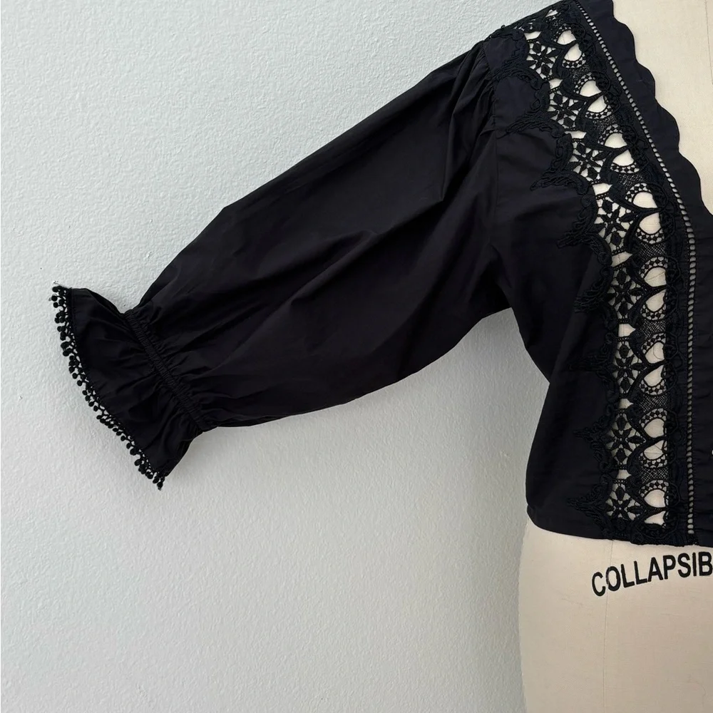 Free People Louella Embroidered Top NWT Black Cotton Cropped Scalloped L